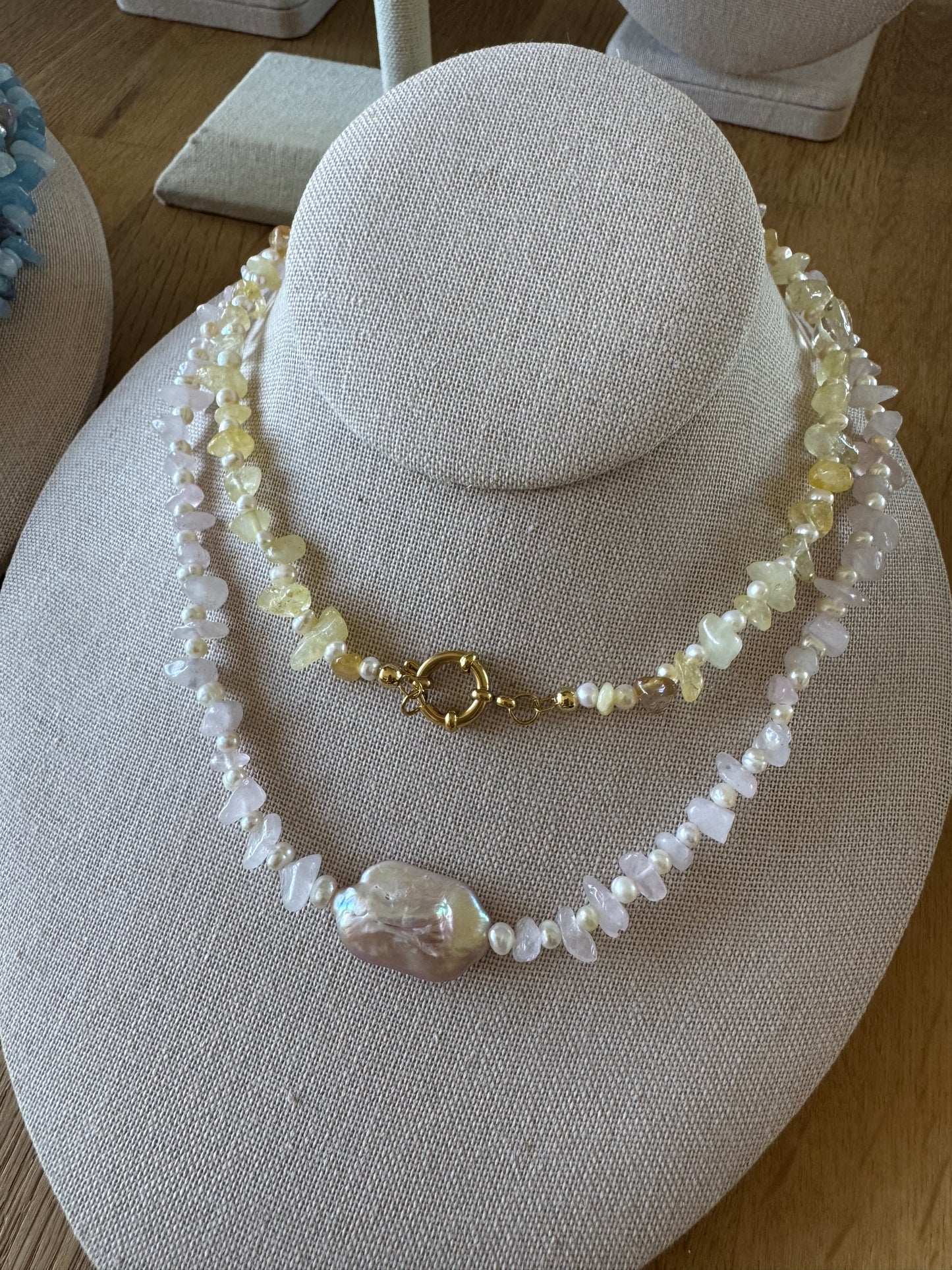 Handknotted Pearl & Stone Necklace