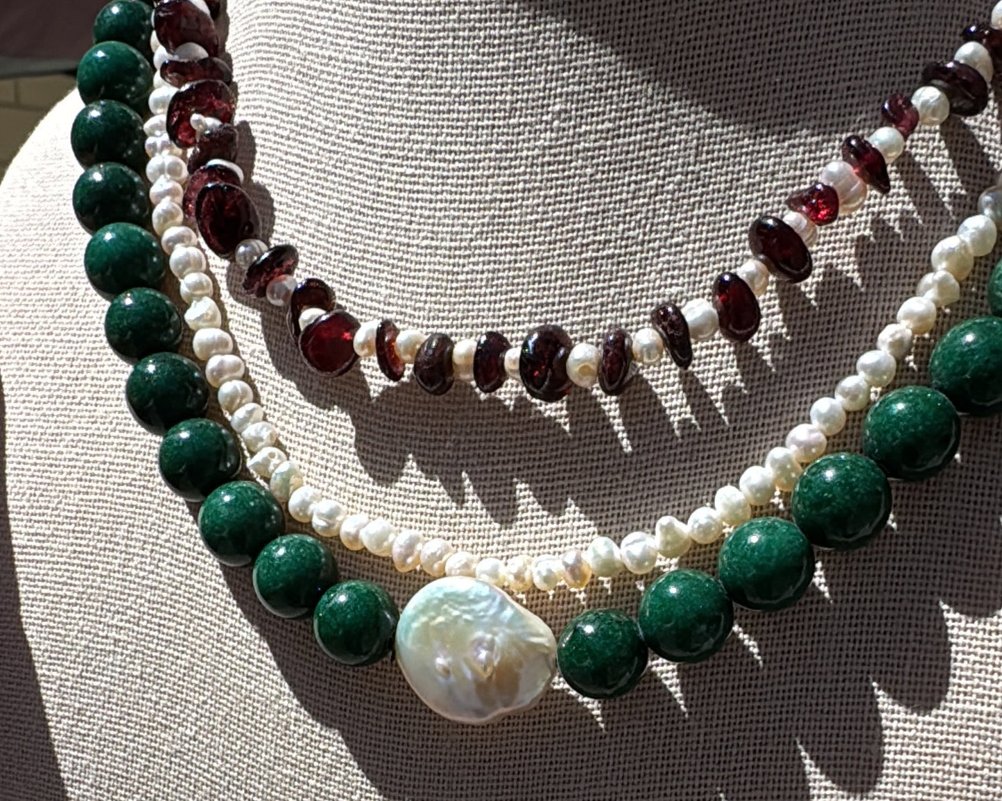 Handknotted Pearl & Stone Necklace - Garnet